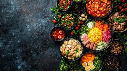 A beautiful top-down view of a traditional Tet meal with colorful dishes like banh chung and boiled pork