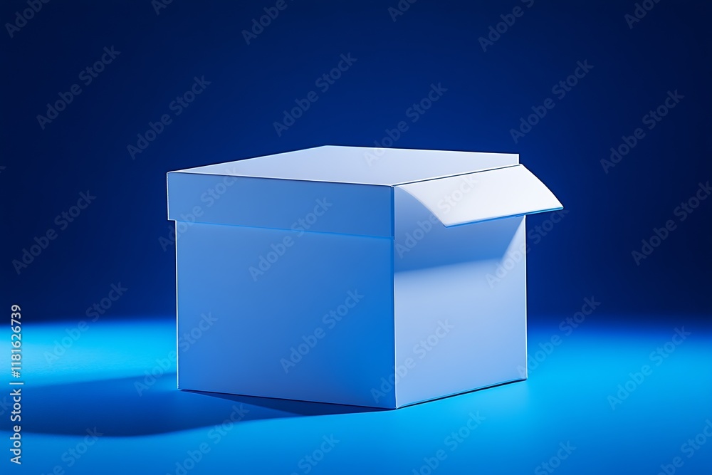 Poster Elegant White Box with Open Lid on Blue Background Ideal for Product Presentation : Generative AI