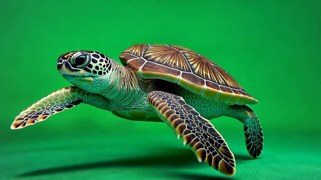 Sea Turtle Grace: A green sea turtle gracefully swims against a vibrant green background, showcasing its intricate shell patterns and captivating presence.  
