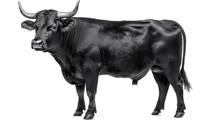 Strong black ox with large horns standing in profile view, isolated on a white background, showcasing its powerful physique and imposing presence