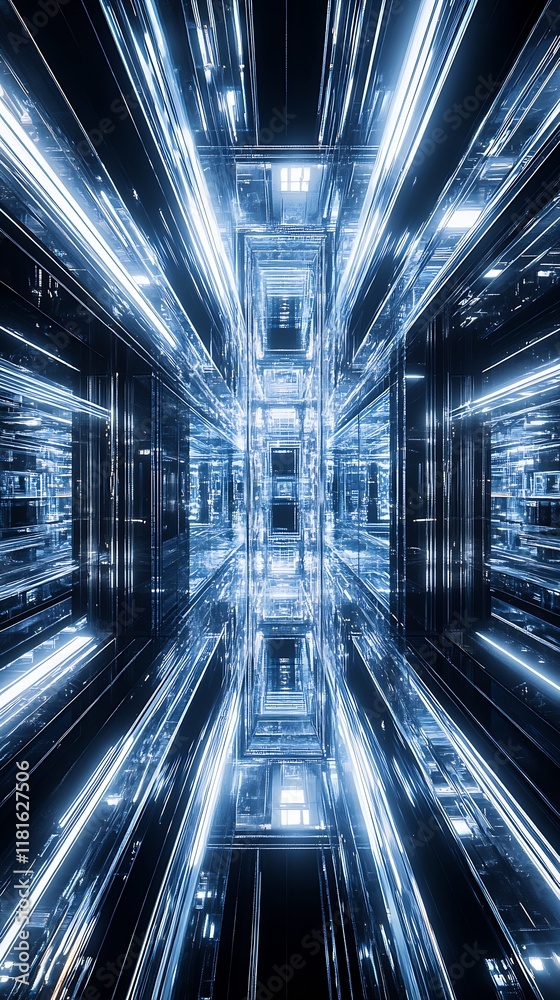 Fototapete high-tech geometric tunnel with infinite reflective surfaces and neon illumination : generative ai