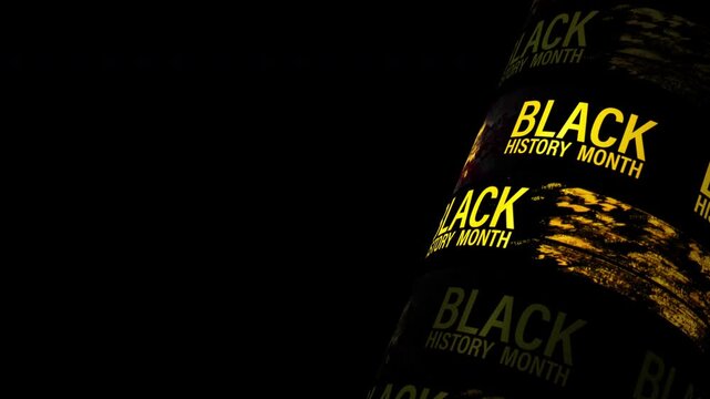 Black History Month 3D neon glitch text tube loop animation on black abstract background with copy space.  4K effect screen looping with copy space for your text or artwork for your trailer movie.