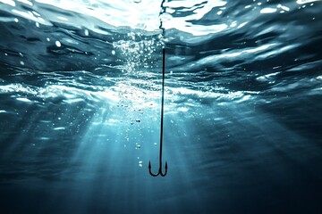 Underwater view of a harpoon descending into the deep blue ocean with sunbeams penetrating the surface, creating a dramatic and evocative scene
