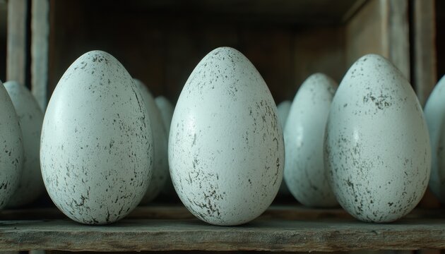 High-resolution photorealistic image of pristine white eggs nestled on a rustic wooden shelf, showcasing a collection of speckled eggs with subtle earthy tones, perfect for culinary, Easter, spring