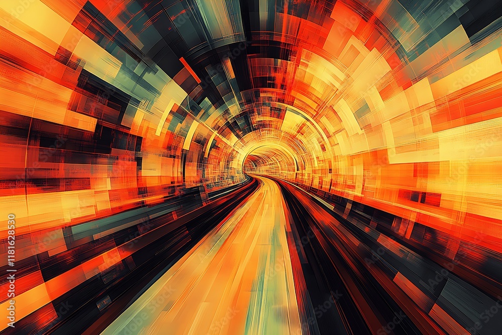Poster Modern Abstract Tunnel Design with Vivid Digital Distortion and Light Effects : Generative AI