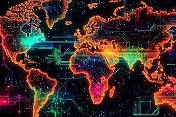 Colorful Neon World Map with Futuristic Circuit Board Design and Glowing Artistry : Generative AI