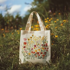 An eco-friendly tote stands among lush grasses and wildflowers, embroidered with vivid blooms, epitomizing beauty and sustainability.