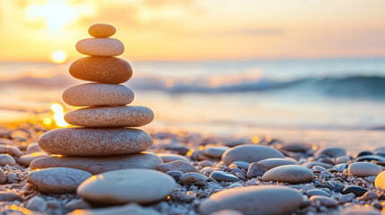 Stacked zen stones on a sunset beach representing relaxation and balance