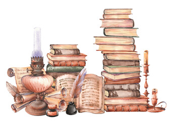 Vintage book stacks, oil lamp, candles and paper scrolls. Vintage library clip art. Hand painted watercolor illustration.