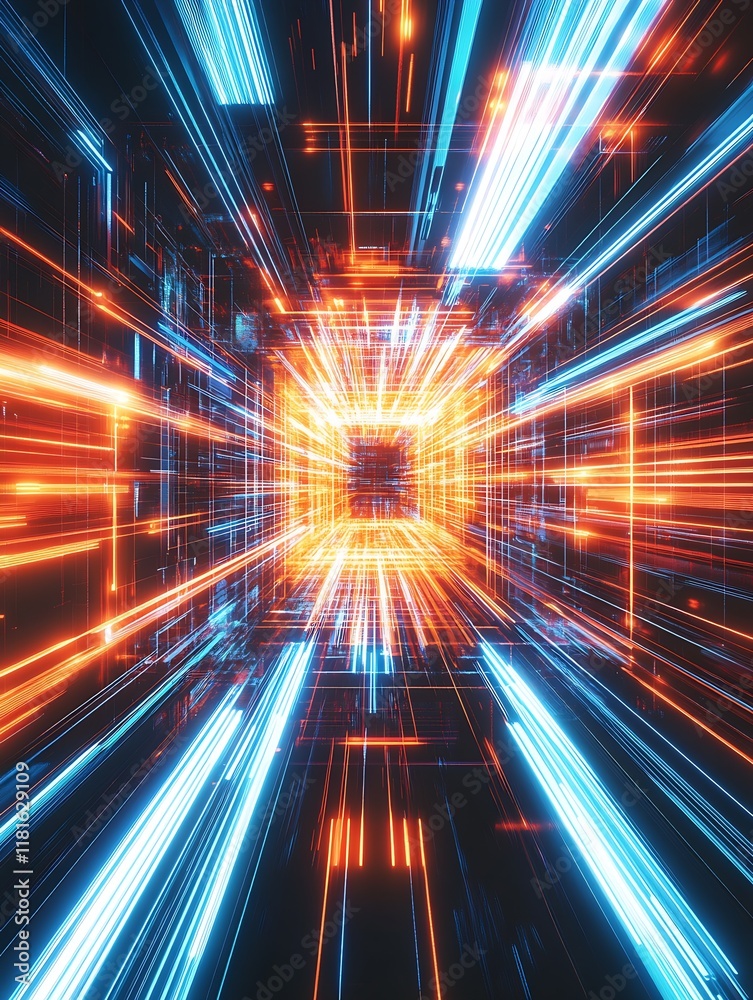 Poster Dynamic Neon Light Pathways in a Networked Sci-Fi Vortex Design : Generative AI