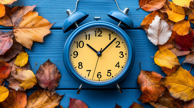 Autumn Leaves and Clock Change Time on Blue Background Beautifully