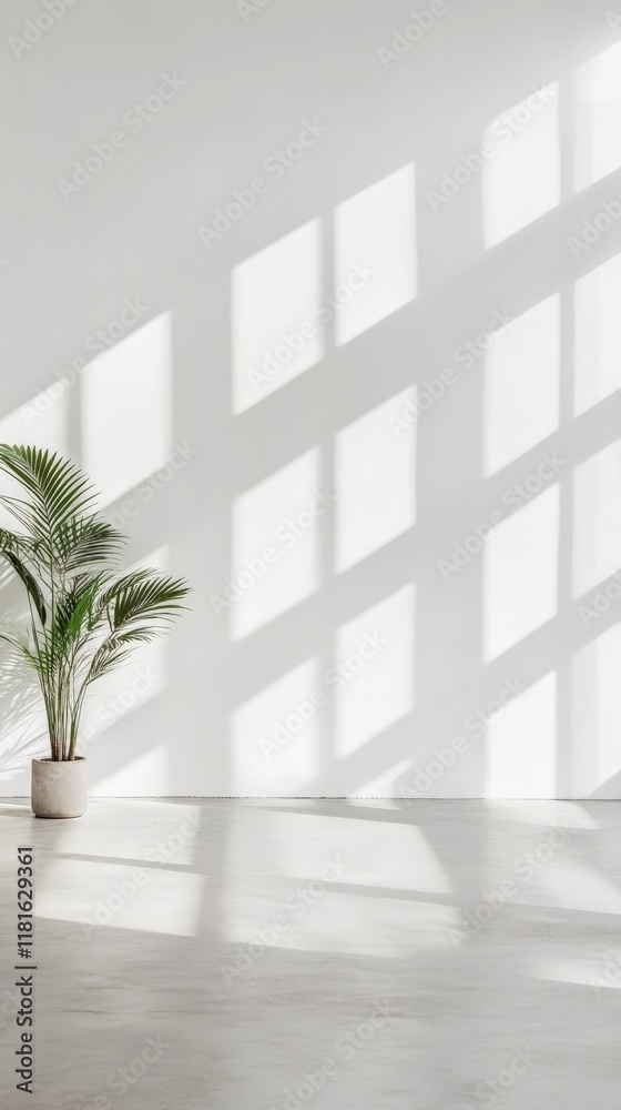 Fototapete Sunlight streaming through a window casts a grid like shadow on a white wall in a minimalist interior, illuminating a potted plant on a gray concrete floor, creating a serene and modern atmosphere