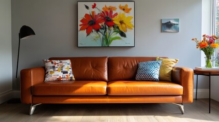 Bright and Cozy Living Room with Elegant Sofa and Beautiful Flowers