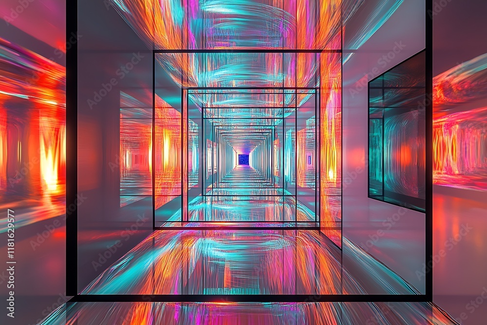 Poster Vibrant Geometric Tunnel with Neon Reflections in a Futuristic Setting : Generative AI