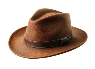 Brown felt fedora hat with a classic ribbon band, stylish vintage accessory for men or women, isolated on transparent background