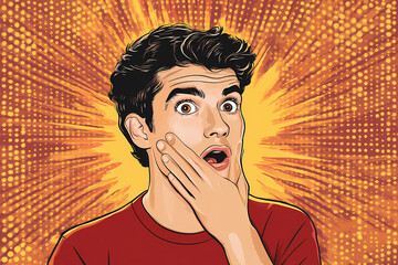 Pop art illustration of a shocked man with a hand on his face, featuring a bold expression, vibrant colors, and an explosive halftone comic background, perfect for dramatic or humorous designs