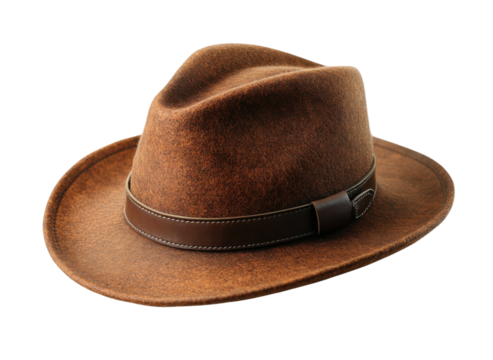 Brown felt fedora hat with a classic ribbon band, stylish vintage accessory for men or women, isolated on transparent background