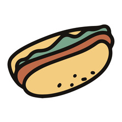 vector illustration of hotdog, simple meat sandwich with lettuce cartoon drawing, fast food icon symbol, isolated on white background, suit for kids book