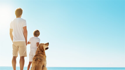 A father and son walking their dog along a serene beach under a clear blue sky. A heartwarming moment of family bonding and nature.