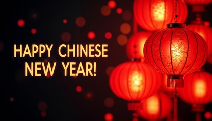 Red Chinese lanterns with festive "Happy Chinese New Year!" text.festivity. celebration. culture. Chinese New Year lanterns and tradition.banner. festive marketing, Chinese culture theme.
