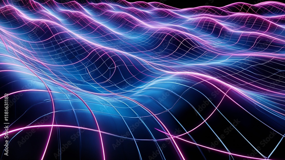 Aufkleber flowing electric neon grid waves in a futuristic digital setting : generative ai