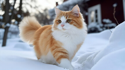 Fluffy Cat Walks in Snow: Winter Wonderland Adventure