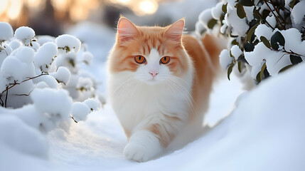 Fluffy Cat Walks Through Winter Wonderland Snow