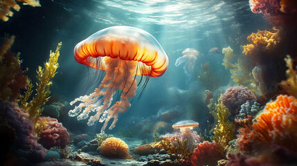 Jellyfish Glides Through Coral Reef Ecosystem Beautifully with Sunlight