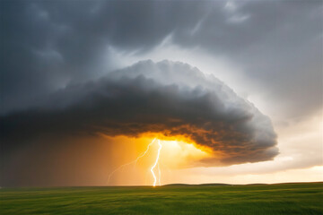 A dramatic thunderstorm with lightning bolts illuminating a dark sky over a vast green field. Captures the power of nature and weather.