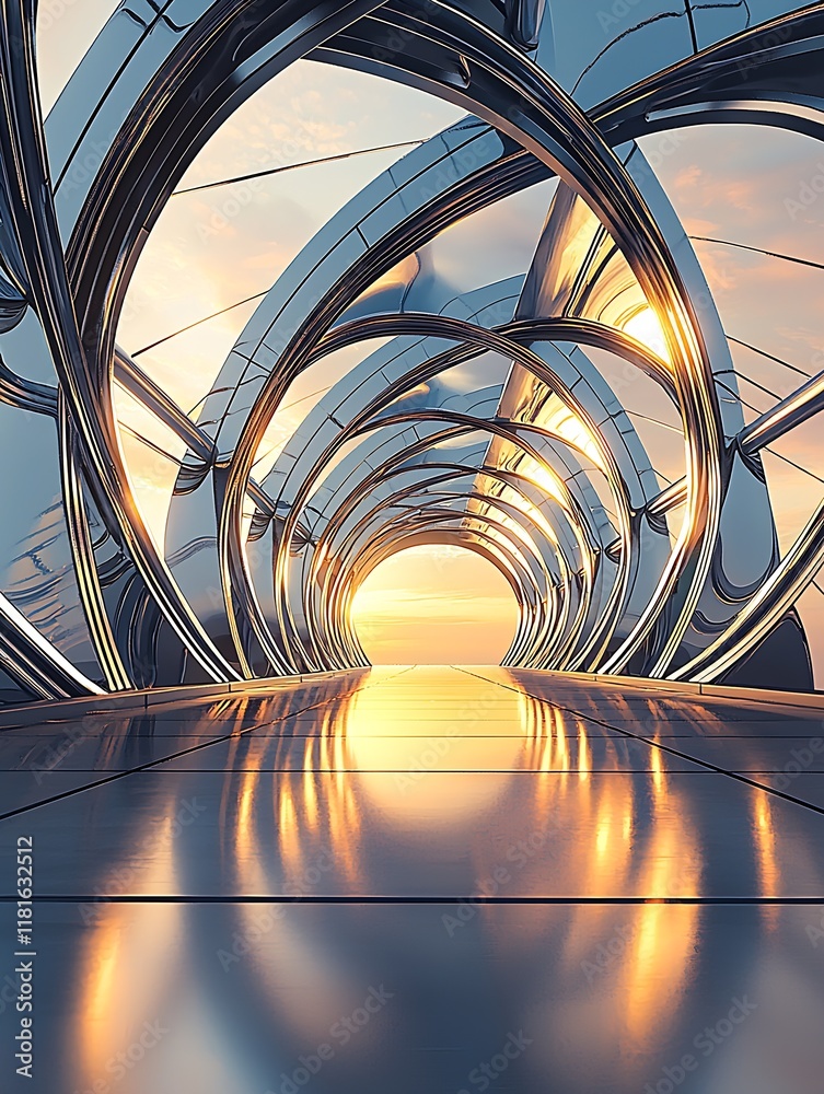 Poster innovative architectural tunnel with metallic reflections and sunset glow : generative ai