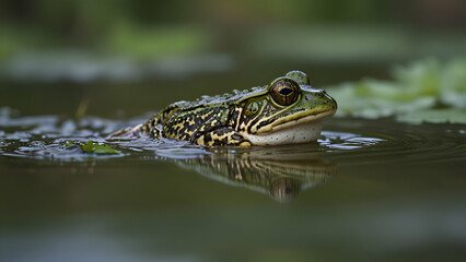 Green frog floating in calm water with blurred background and natural reflections.