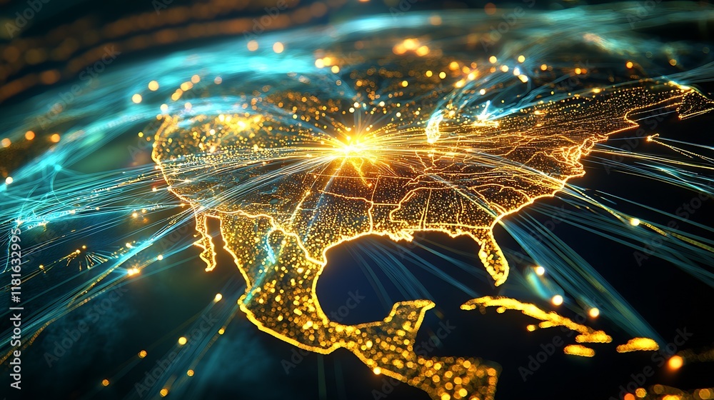 Poster futuristic glowing map of north america with digital network connections : generative ai