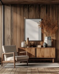 Contemporary Living Room Interior with Sideboard, Armchair, and Poster. Home Design Concept with Wooden Paneling Wall and 3D Rendering