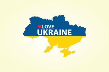 Love Ukraine text on Ukraine map in Blue Yellow Ukraine flag colour theme