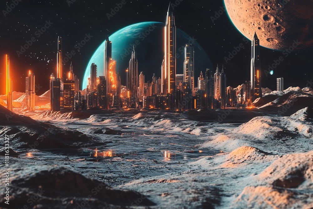 Poster Alien city illuminated by multiple moons and planets in a vast otherworldly landscape : Generative AI