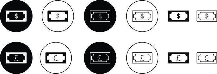 International currency symbol icons set. Currency dollar Pound black vector, salary money, invest finance, dollar America pound british, line and flat sign isolated on transparent background
