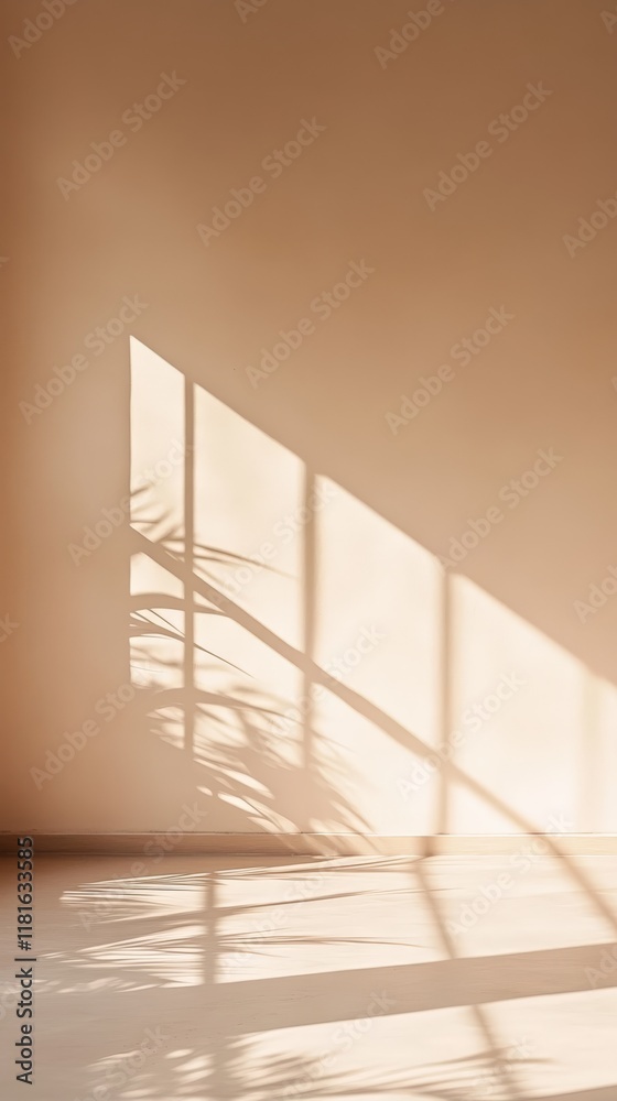 Aufkleber Sunlight streaming through a window, casting shadows of the window frame and a plant onto a beige wall and wooden floor in an empty room, creating a peaceful and minimalist atmosphere