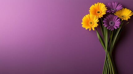 Yellow and purple gerbera flowers on a purple background with space for text. Perfect for spring or greeting cards.