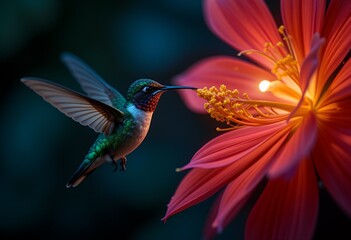 Fototapeta premium A Hummingbird Feeds on a Vibrant Red Flower at Dusk