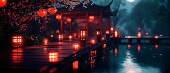 Fototapeta premium Traditionelles asiatisches Haus am Wasser mit Laternen und Kirschblüten