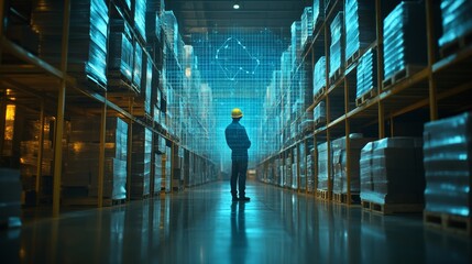 Warehouse Worker and Digital Overlay Cybersecurity in Logistics, Composition Single Figure in Long Corridor, Image Blue Digital Grid, Concept Smart Warehouse Tech. , warehouse