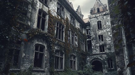 Fototapeta premium Abandoned Historic Mansion Wrapped in Ivy on an Overcast Day