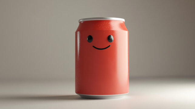 Cheerful beverage can with smile studio setting 3d render minimalist environment close-up perspective playful concept