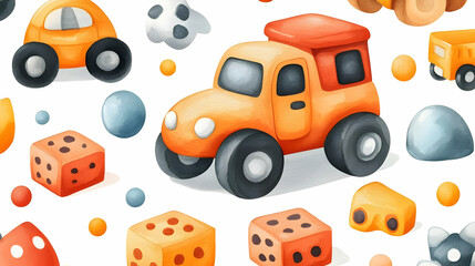 Toys Scattered Playfully: Dice, Cars, and Balls Galore