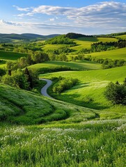 Fototapeta premium Serene green hills under a bright blue sky.