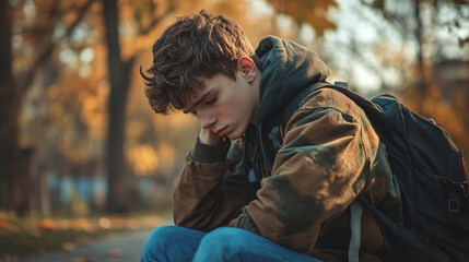 One sad boy teenager outdoor looking down for stress or depression. Student tired of school education. Sadness and loneliness teen person.