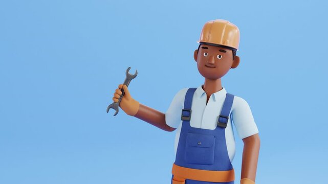 Builder character animation. Construction site worker, handyman or plumber holding and spinning wrench. Professional worker, renovation service animated stock footage, cartoon style, 3d render