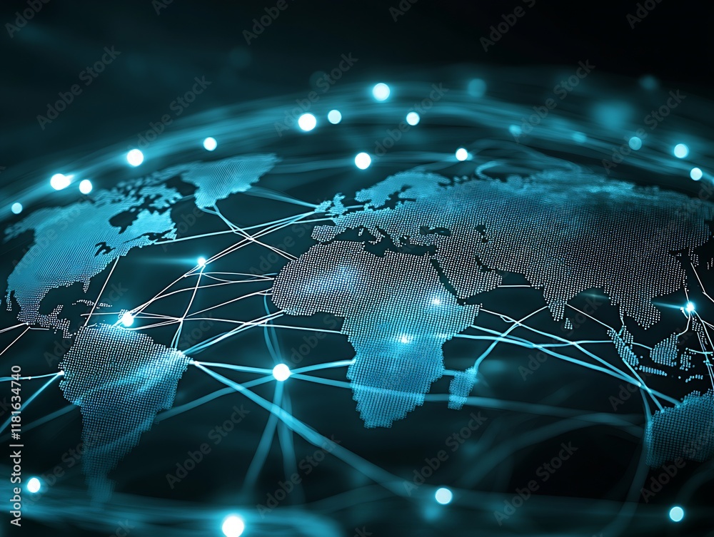 Poster Digital World Map Showcasing Global Connections with Technology Effects : Generative AI