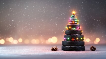 Christmas tree made of car tires with fairy lights on snowy landscape, copy space