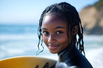 Portrait of a young African-American surfer girl on the beach, holding a surfboard.